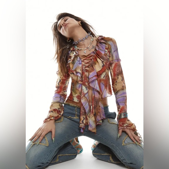 Jaded London Allele Lace Up Top Butterfly Mesh Corset Y2K Ruffle Frill Size 4 - Picture 3 of 17